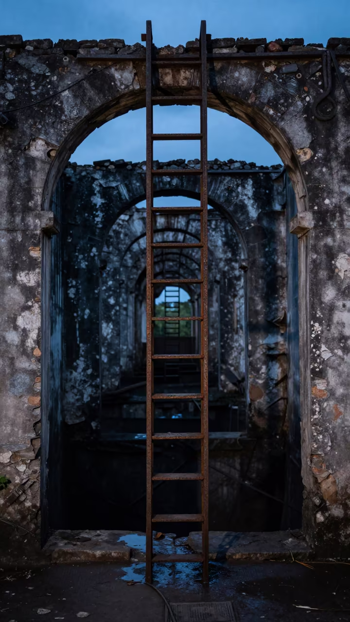 Ladder Descending Dry Dock Under Stone Arch in beneath a broken stone arch in El Salvador