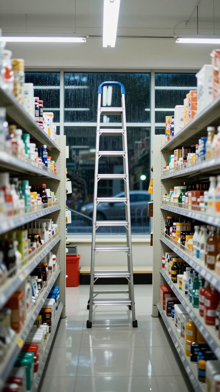 Ladder in Da Nang Night Stockroom in inside a bright retail aisle in Da Nang
