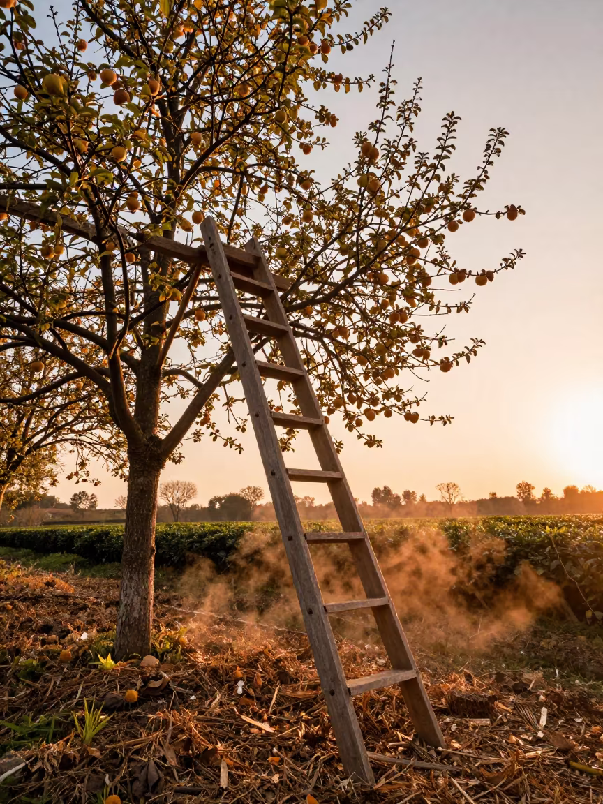 Ladder Lean Apple Tree Copper Light Tea Edge in at the edge of a tea plantation in Porto Amboim