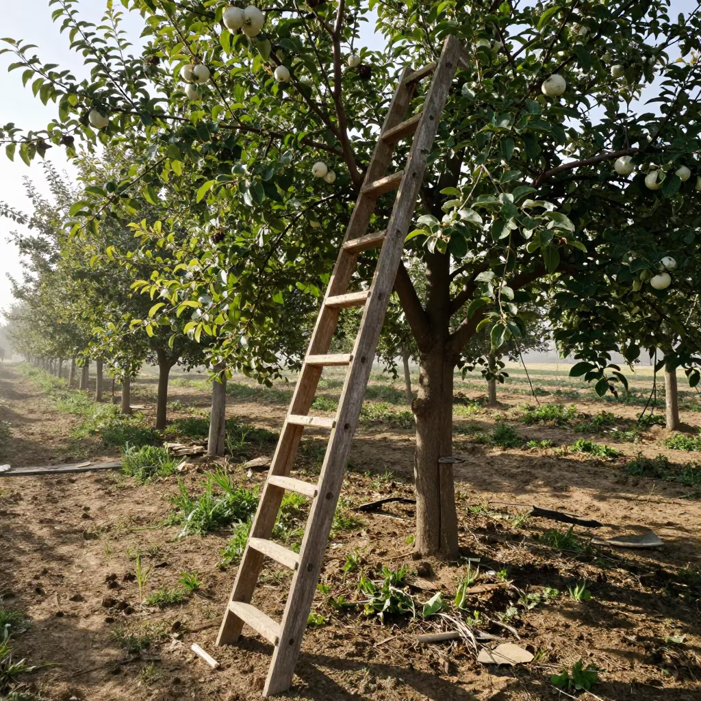 Ladder Leaning Against Autumn Apple Tree in Fog in along freshly irrigated rows in Afghanistan