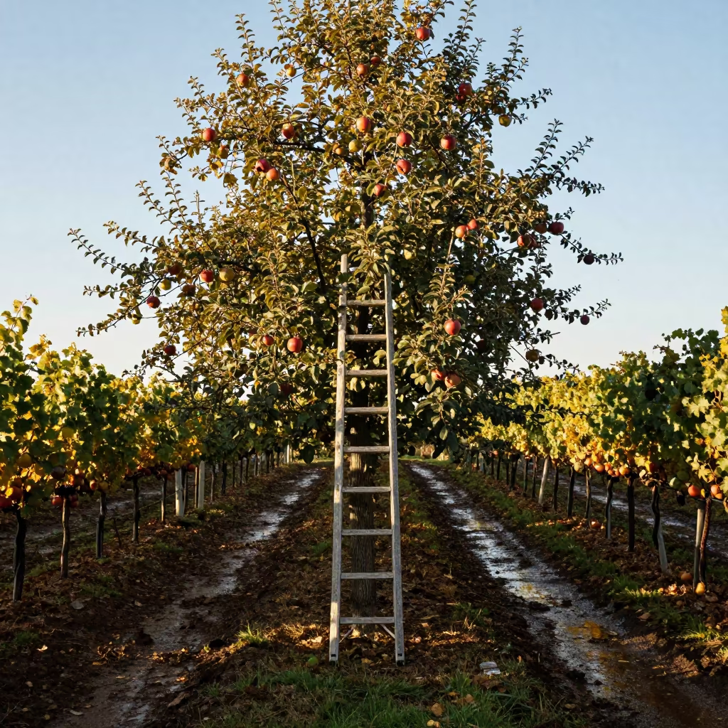 Ladder Leaning Heavy Apple Tree Hue Vineyard in between vineyard trellises in Hue