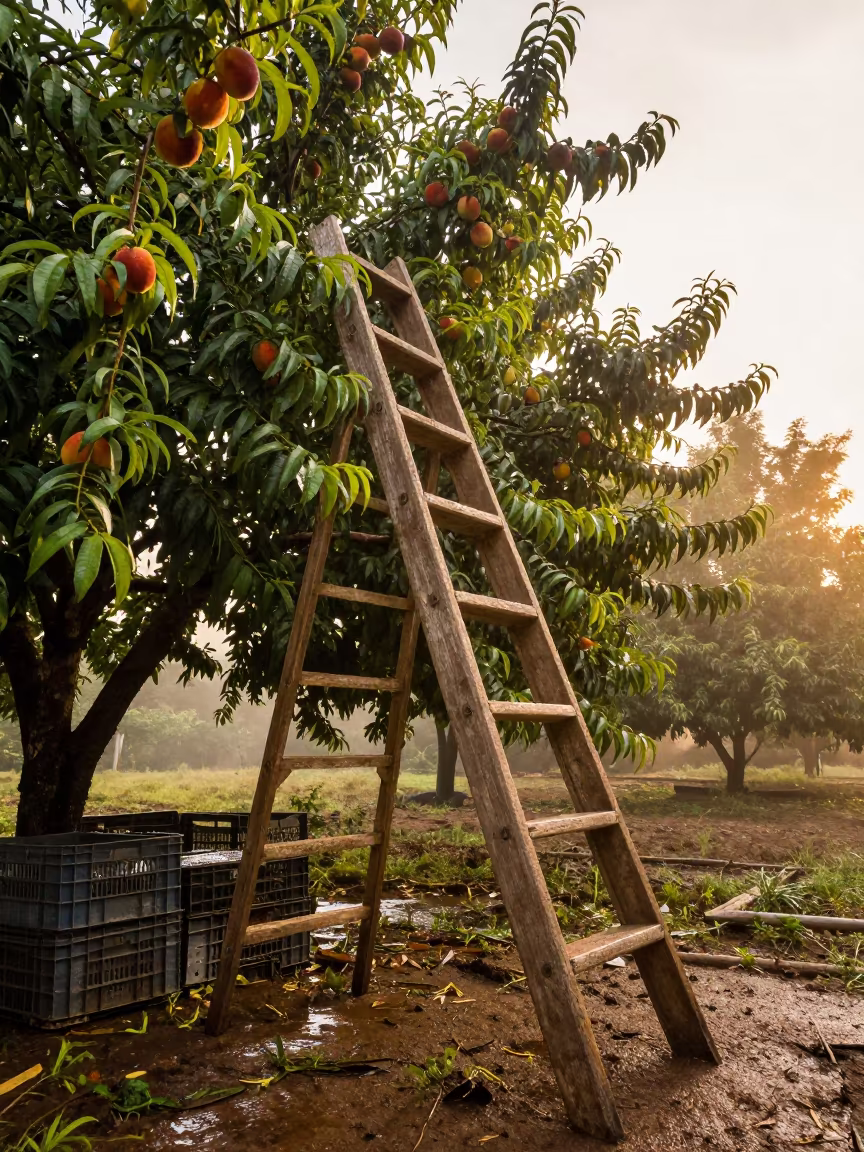 Ladder Leaning Into Peach Branches Heavy With Fruit in among orchard ladders and crates in Haiti