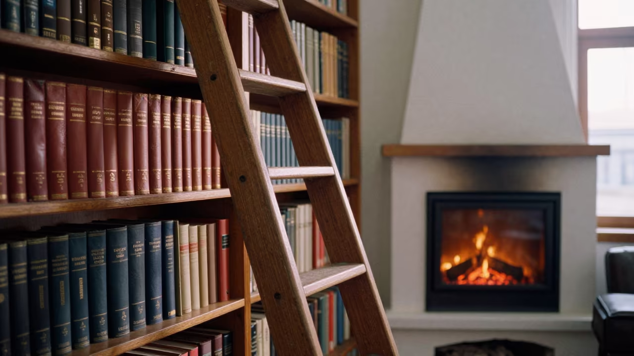 Ladder Leaning Against Leather Books at Dawn in by a crackling fireplace in Fener, Istanbul
