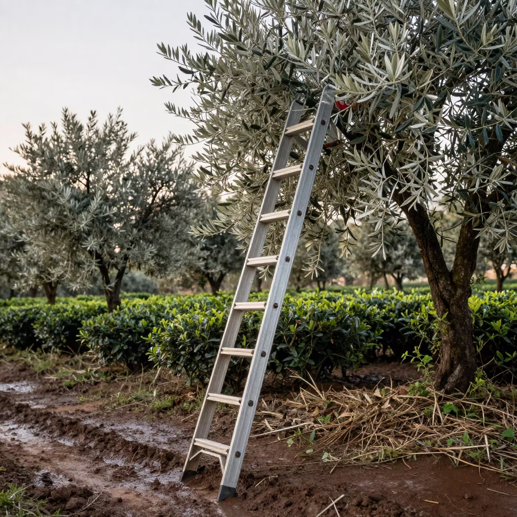 Ladder Leaning Olive Grove Before Sunrise Durban in at the edge of a tea plantation in Durban