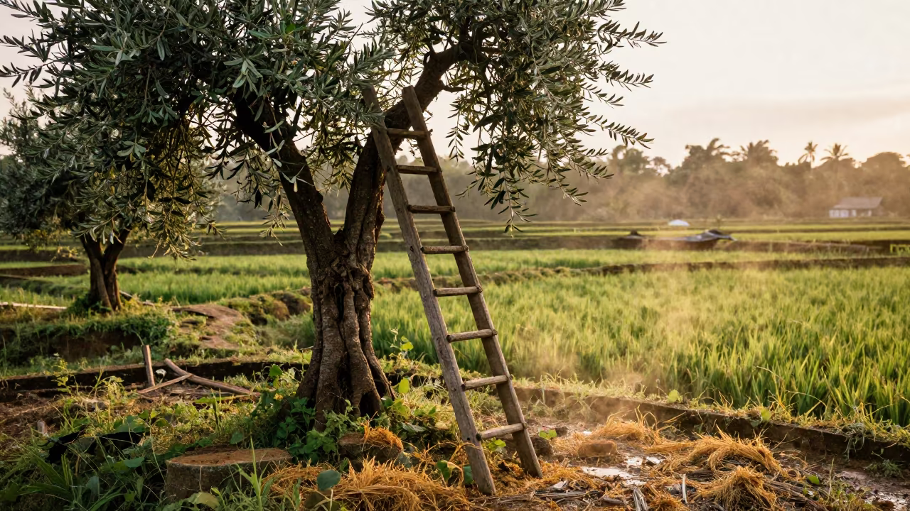 Ladder in Olive Grove Near Mombasa Paddies in among terraced rice paddies near Mombasa