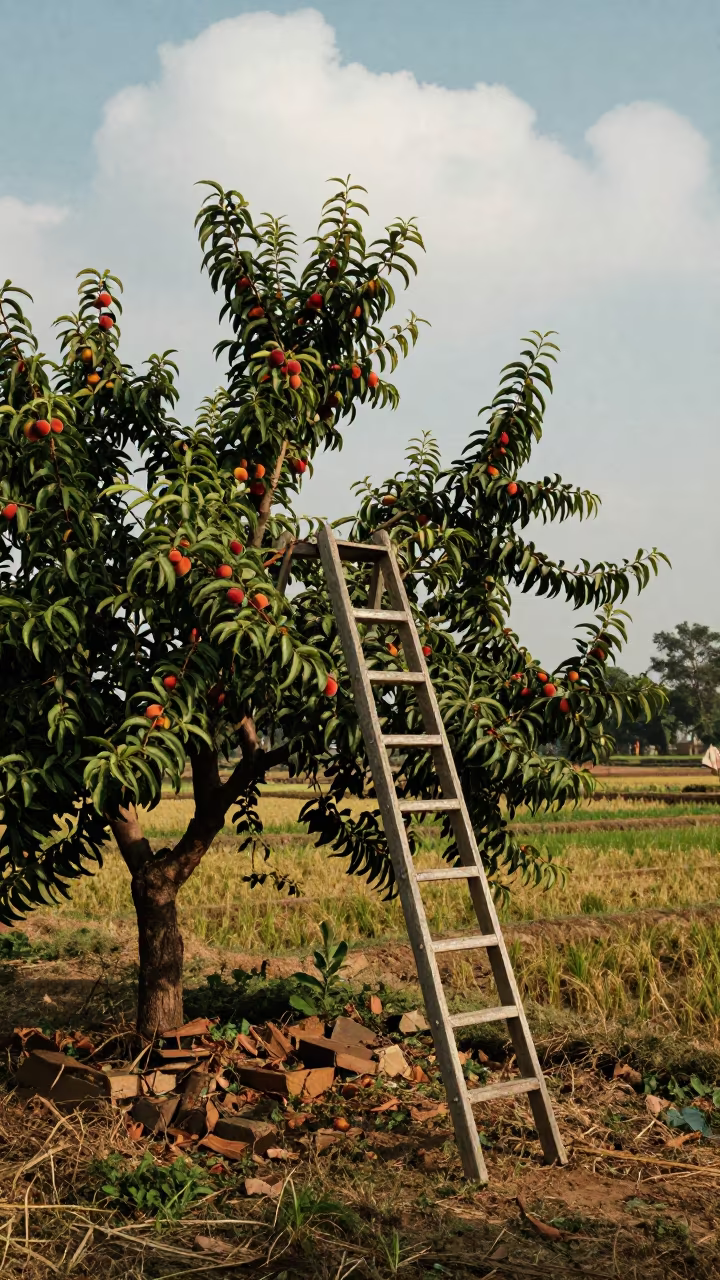 Ladder in Peach Orchard Near Rice Paddies in among terraced rice paddies near Sarnath, Varanasi