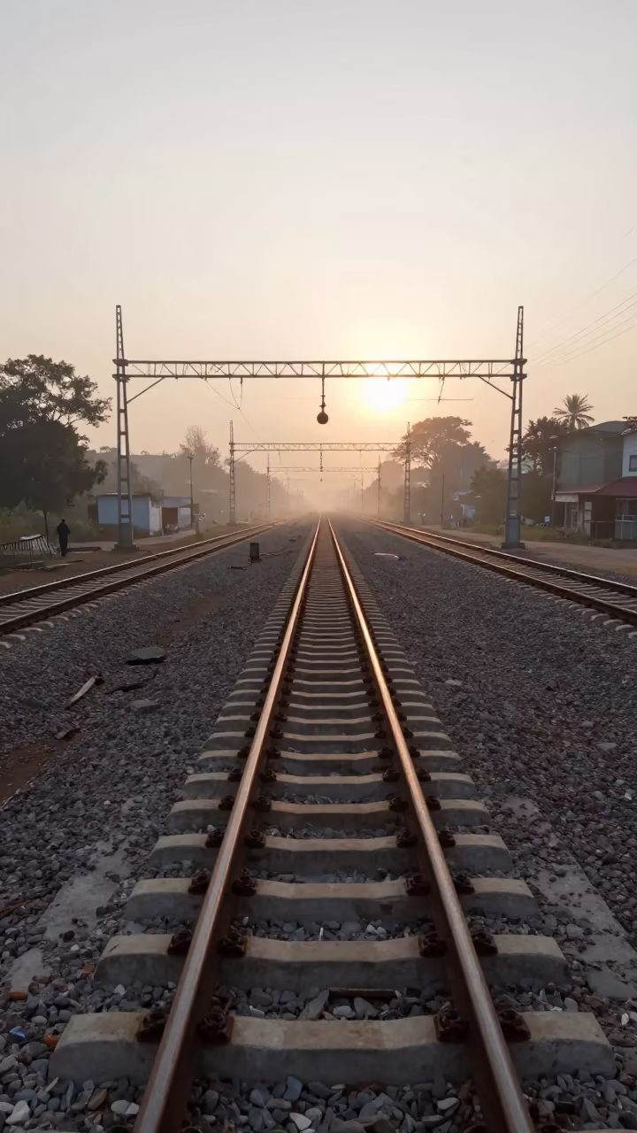 Ladder Vanishing Into Dawn Fog Above Tracks in beneath transmission towers in Kinshasa