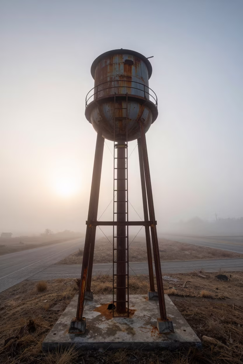 Ladder Vanishing Into Morning Mist on Overpass in across a windy overpass interchange near Tabou