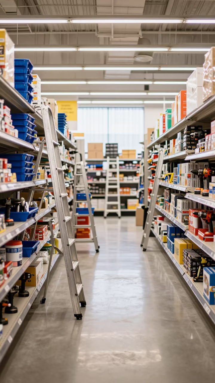 Ladders and Drills in Sosnowiec Store Aisle in along a grocery aisle under flat fluorescent light in Sosnowiec