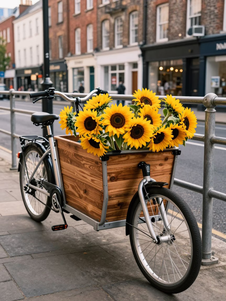 Laden Cargo Bicycle with Cut Flowers Navigating Bristol City Centre Streets in in Bristol, United Kingdom