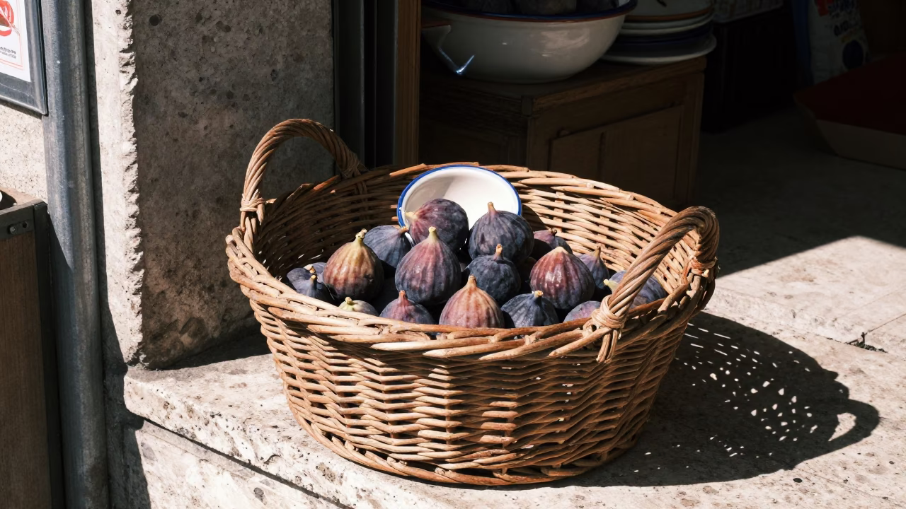 Laden Market Basket of Fresh Figs and Ceramic Bowl in Istanbul Turkey Noon Light in in Istanbul, Turkey