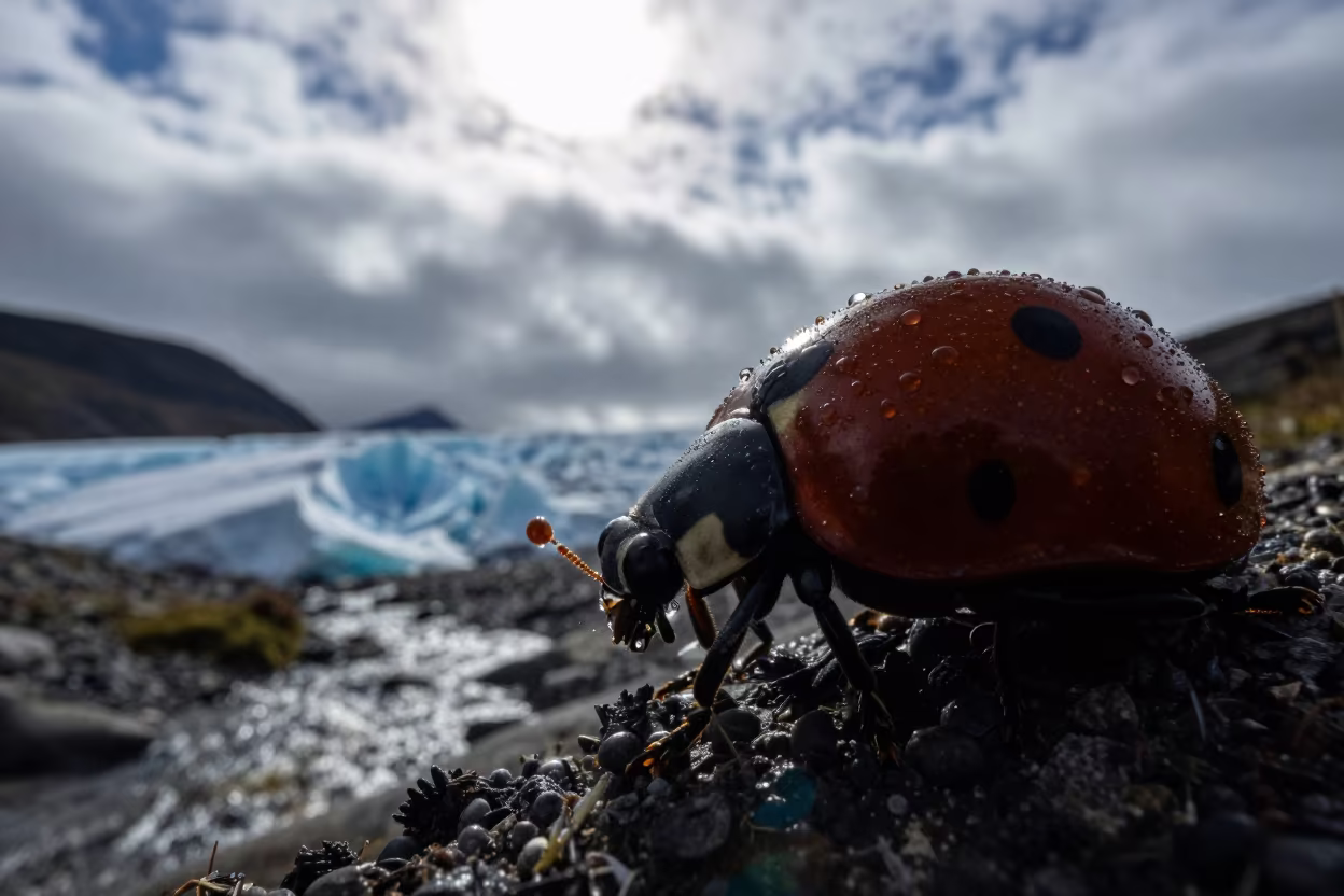 Ladybug Dew Silhouette Against Clouds in above a glacial stream near Montevideo