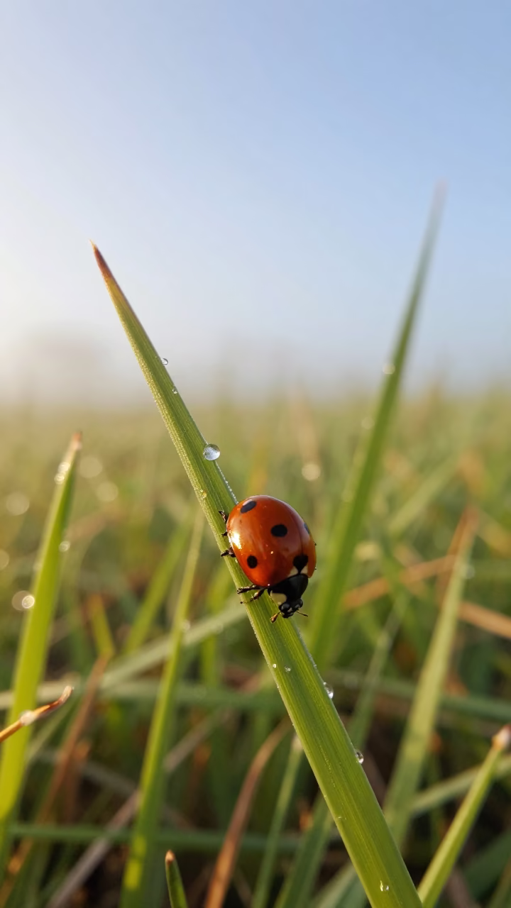 Ladybug on Grass Blade in Misty Dawn Light in along a game trail in Lesotho