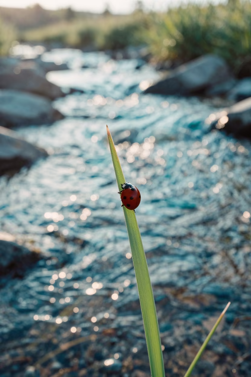 Ladybug on Grass Glacial Stream Rhode Island in above a glacial stream in Rhode Island