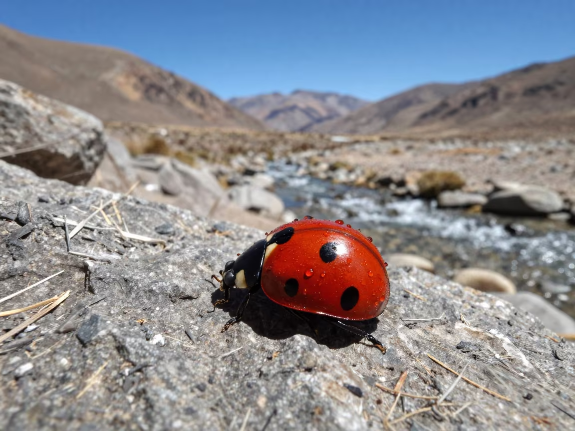 Ladybug Spotted Shell Dew Taxco Stream in above a glacial stream near Taxco