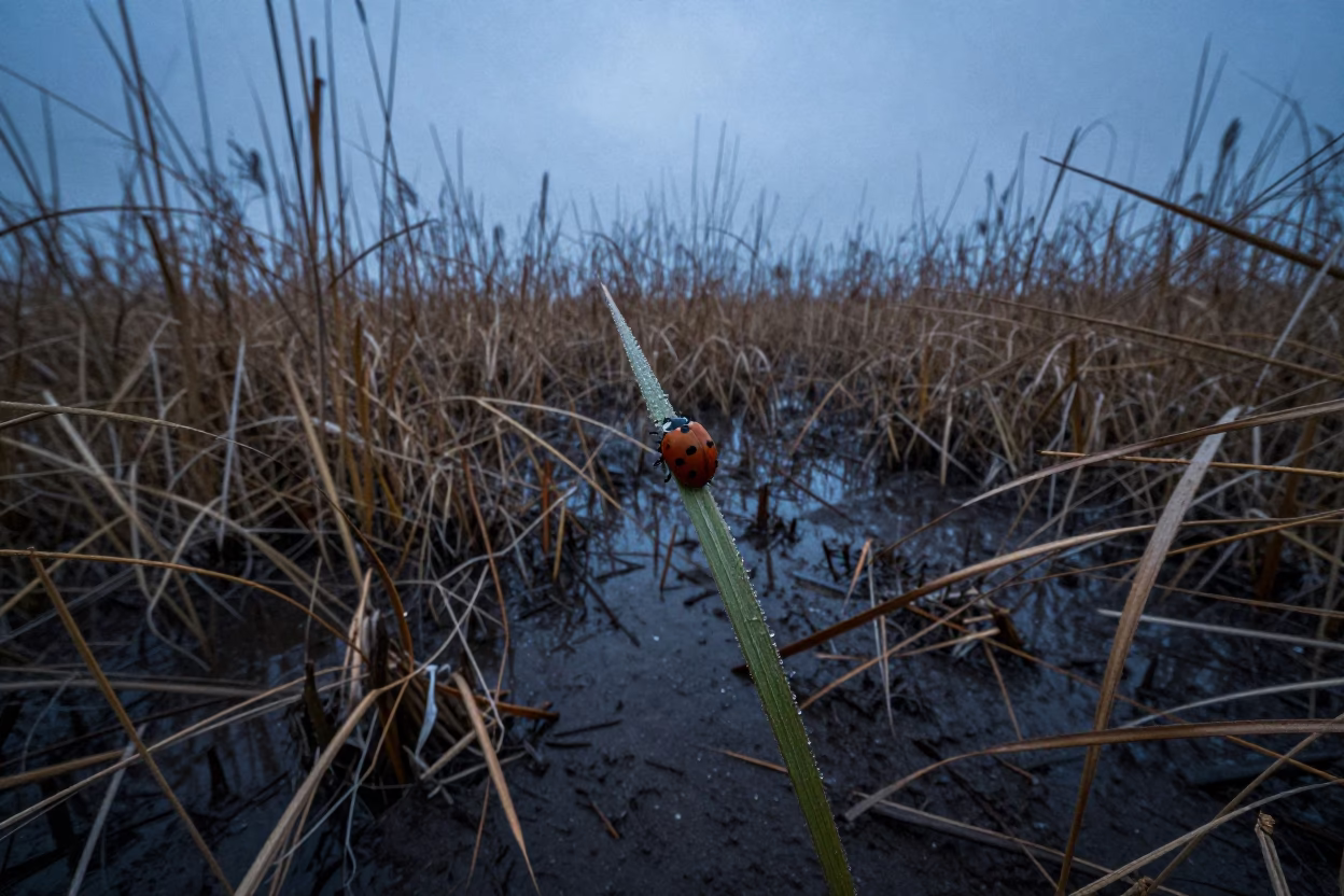 Ladybug on Winter Grass in Inner Mongolia Night in at the edge of a reed bed in Inner Mongolia