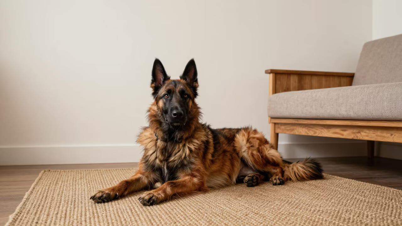 Laekenois Dog Resting on Rug in Hohhot Home in on a woven rug beside a low couch and an uncluttered wall in Hohhot