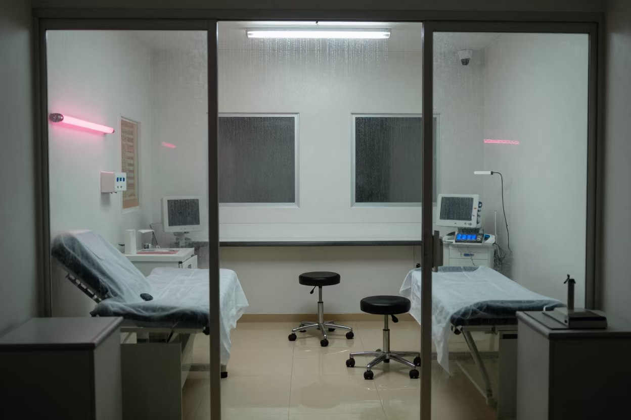 Lagos Clinic Exam Room Night Neon Shadows in inside a hospital corridor near Ikoyi, Lagos