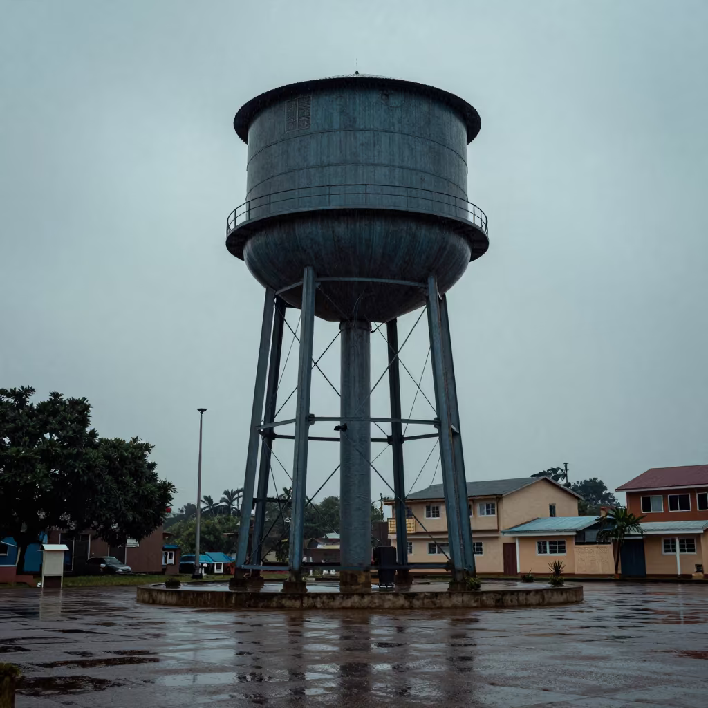 Lagos Water Tower House in Predawn Rain in across a formal civic plaza in Lagos