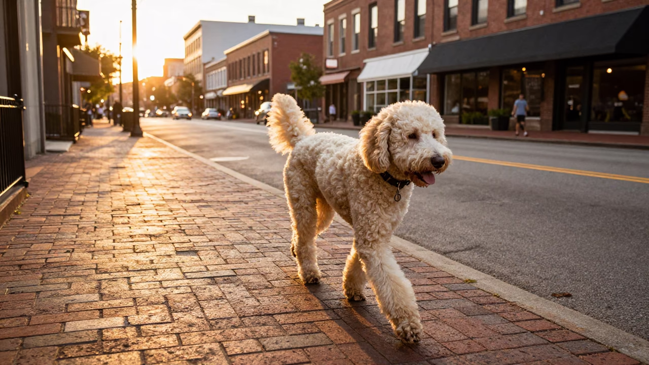 Lagotto Romagnolo Dog Strolling on Nashville Tennessee Street During Golden Hour in in Nashville, Tennessee, United States