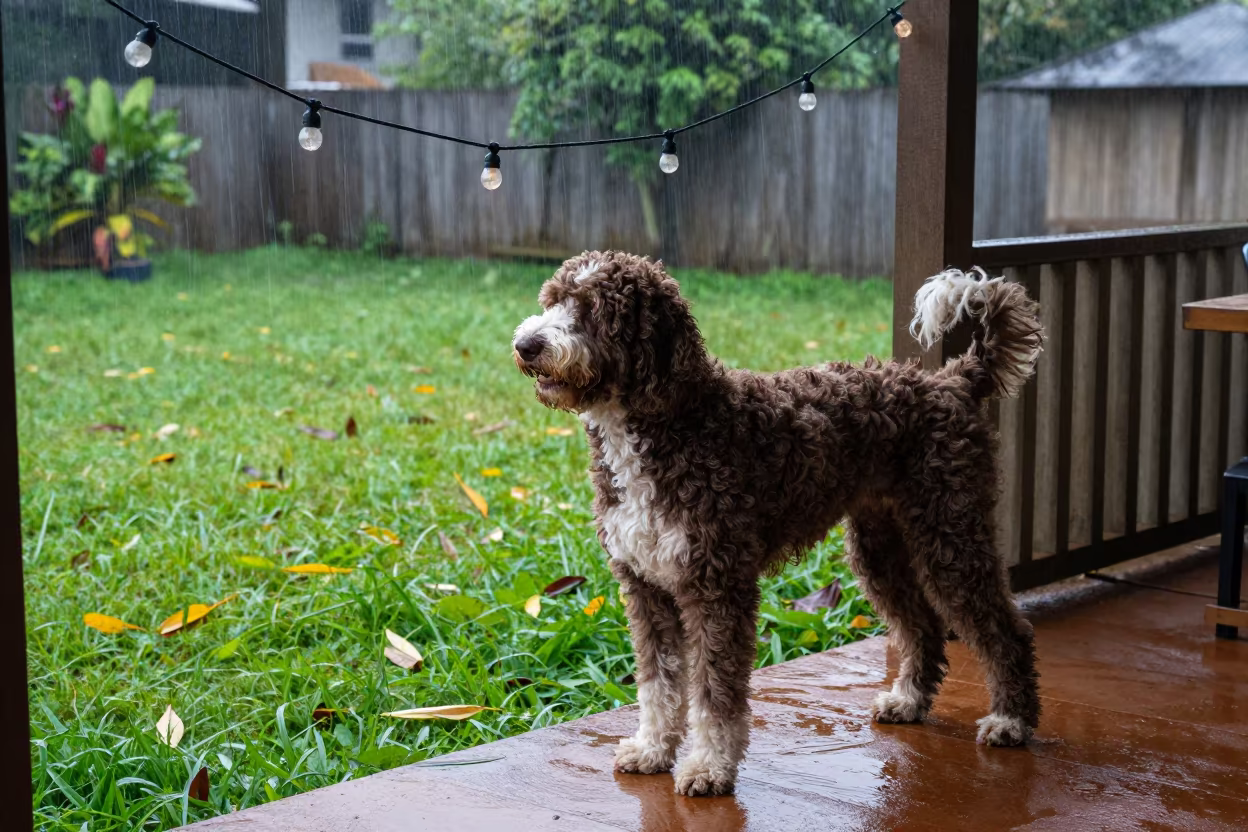 Lagotto Romagnolo on Shaded Porch in Nkongsamba in in a small yard with clipped grass, calm light, and the animal centered in frame near Nkongsamba