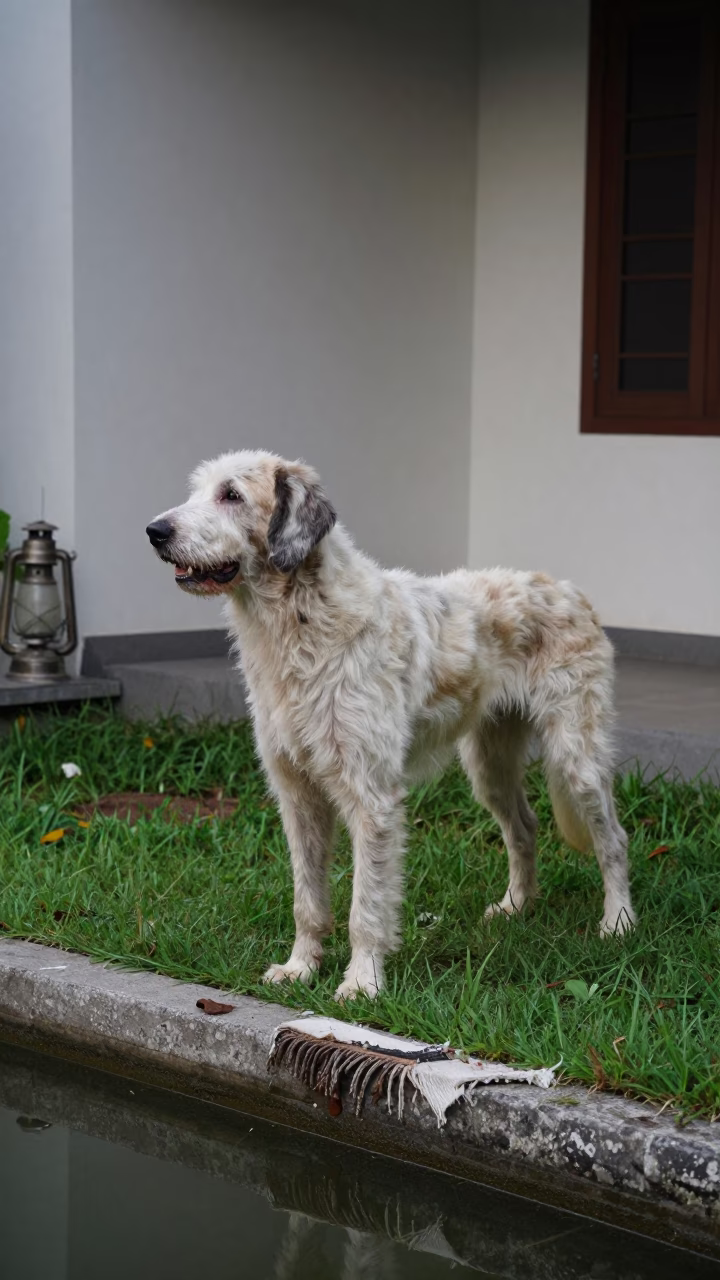 Lagotto Romagnolo on Shaded Porch in Semarang in in a small yard with clipped grass, calm light, and the animal centered in frame in Semarang