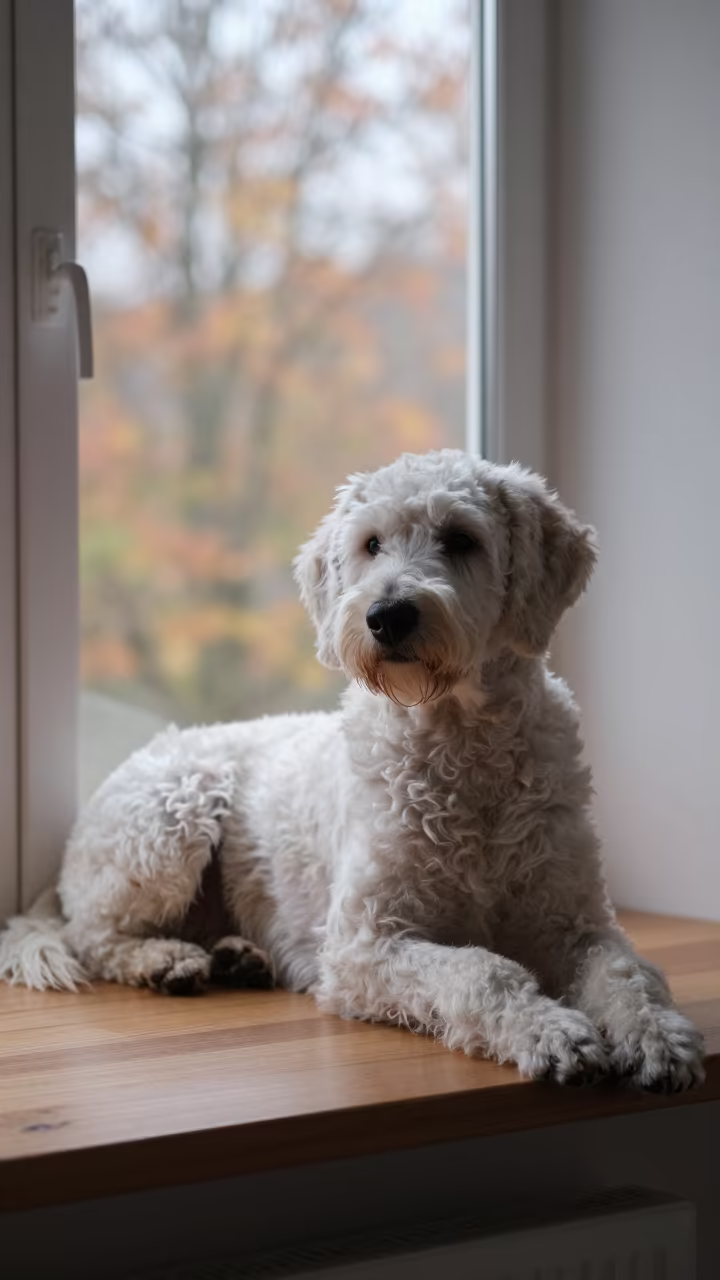 Lagotto Romagnolo on Window Seat in Late Afternoon in on a window seat in a quiet apartment with soft side light near Temara