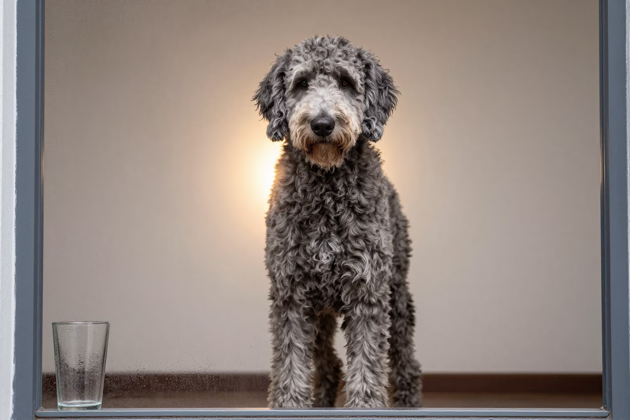 Lagotto Romagnolo Portrait Bonoua Indoor in beside a plain plaster wall in soft indoor light with the animal centered in frame in Bonoua
