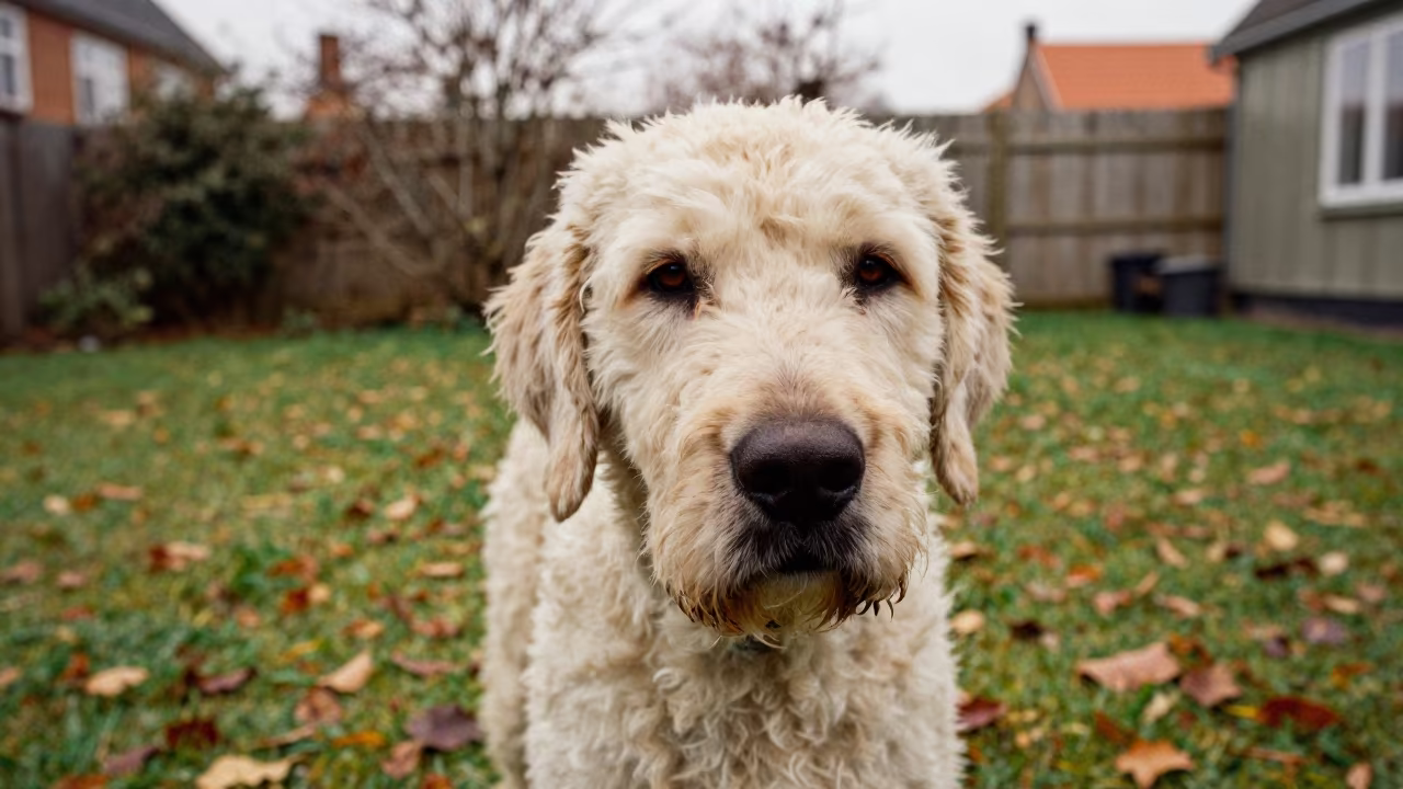 Lagotto Romagnolo Portrait in Aarhus Yard in in a small yard with clipped grass, calm light, and the animal centered in frame in Aarhus
