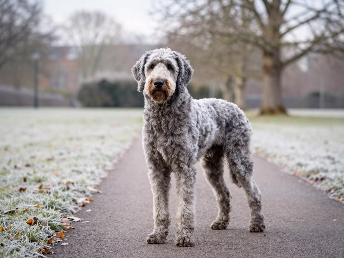 Lagotto Romagnolo Portrait in Late Autumn Frost in along a quiet park path with soft open shade and a clean background near Ipswich