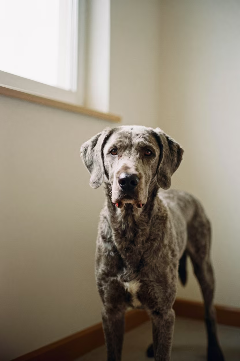 Lagotto Romagnolo Portrait in Tarim Courtyard in beside a plain courtyard wall in clear daylight with the animal at eye level in Tarim