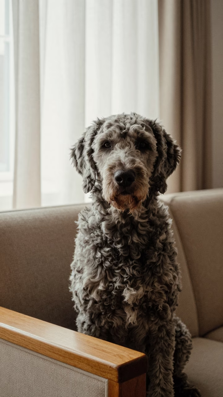 Lagotto Romagnolo Portrait on Sofa Near Window in on a sofa near a curtained window with calm indoor light in Dubai