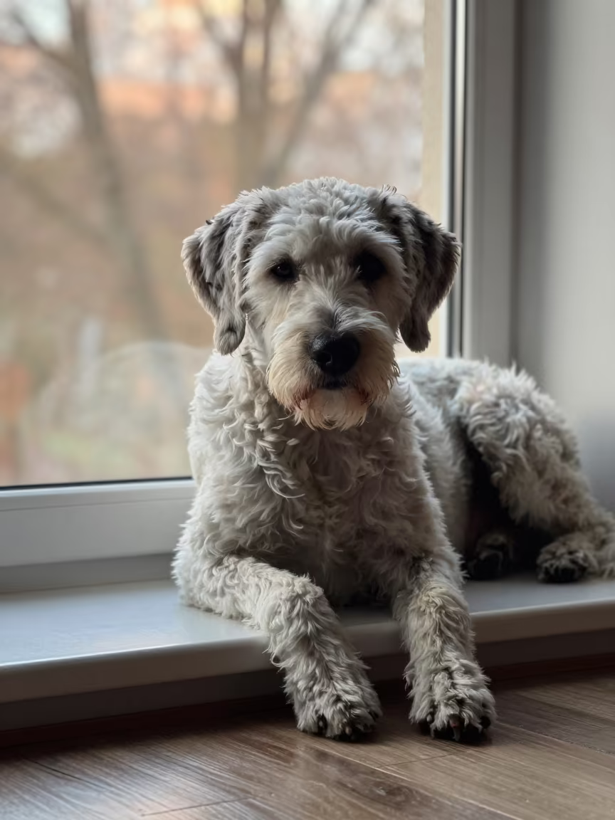 Lagotto Romagnolo Portrait on Window Seat in on a window seat in a quiet apartment with soft side light near Gdynia