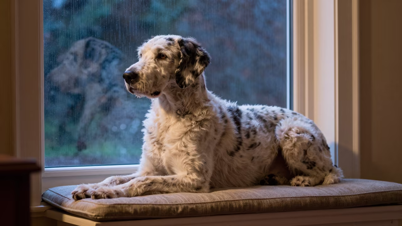 Lagotto Romagnolo Portrait Window Seat Monsoon in on a cushioned window seat with soft side light and an uncluttered background in St George's
