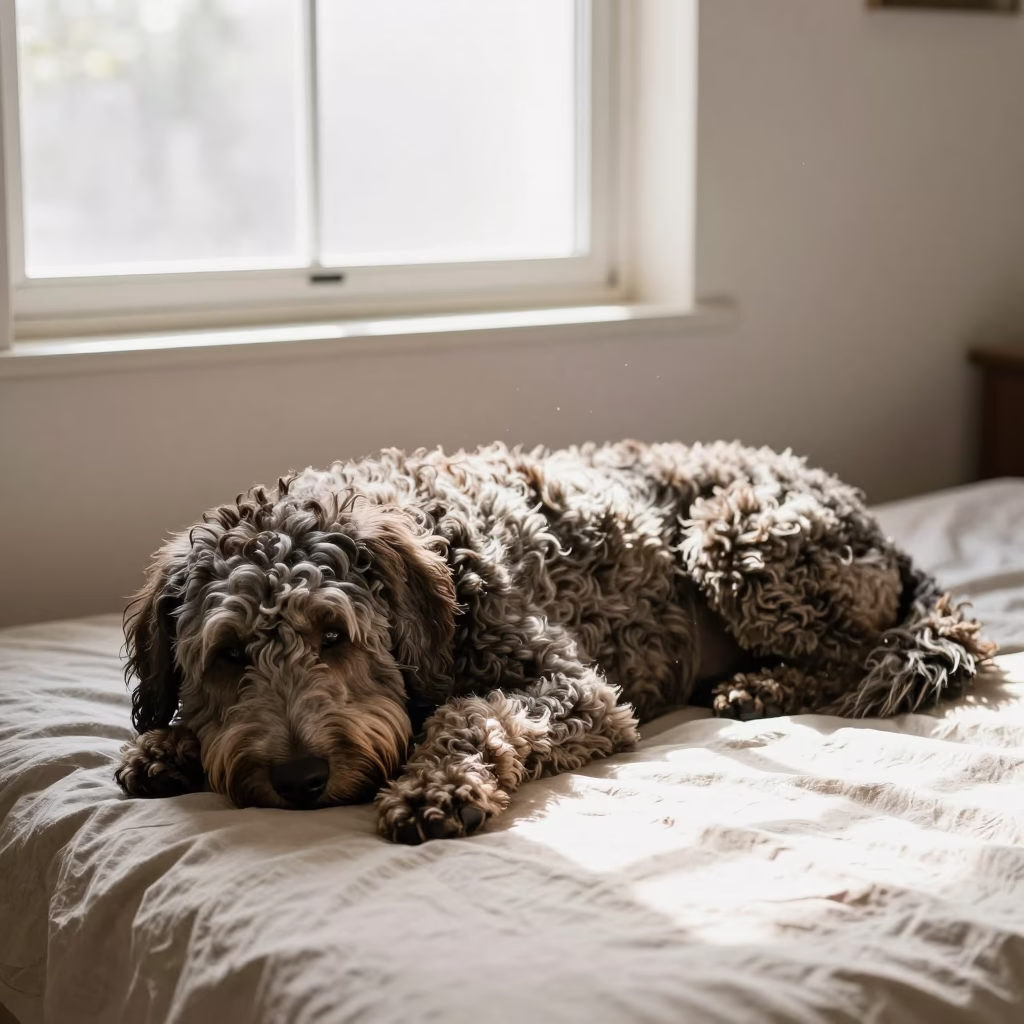 Lagotto Romagnolo Resting by Window in Zapopan in on a bedspread near a bright window with calm indoor light in Zapopan
