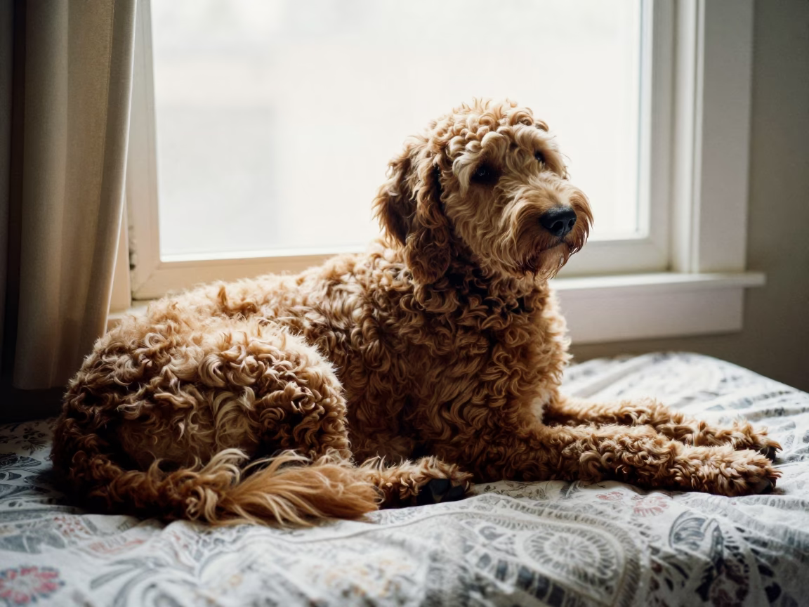 Lagotto Romagnolo Resting on Bedspread Near Window in on a bedspread near a bright window with calm indoor light near Rajshahi