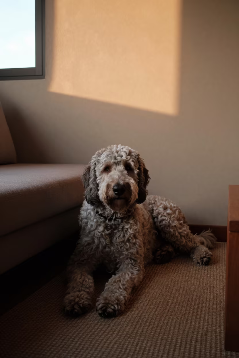 Lagotto Romagnolo Resting on Woven Rug in Belo Horizonte in on a woven rug beside a low couch and an uncluttered wall in Belo Horizonte