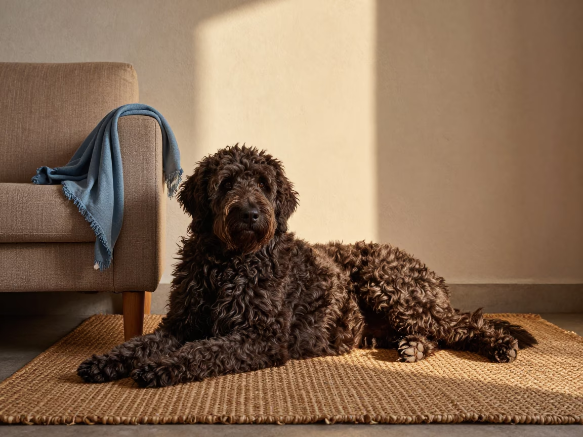 Lagotto Romagnolo Resting on Woven Rug in Herat Home in on a woven rug beside a low couch and an uncluttered wall in Herat