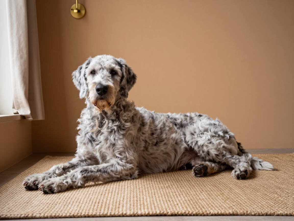 Lagotto Romagnolo Resting on Woven Rug in on a woven rug beside a low couch and an uncluttered wall in Aix-en-Provence