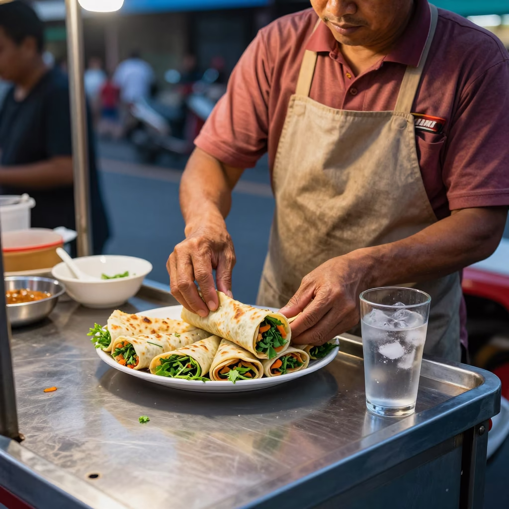 Lahmacun Rolled at The Early Evening Light in Bangkok in in Bangkok, Thailand