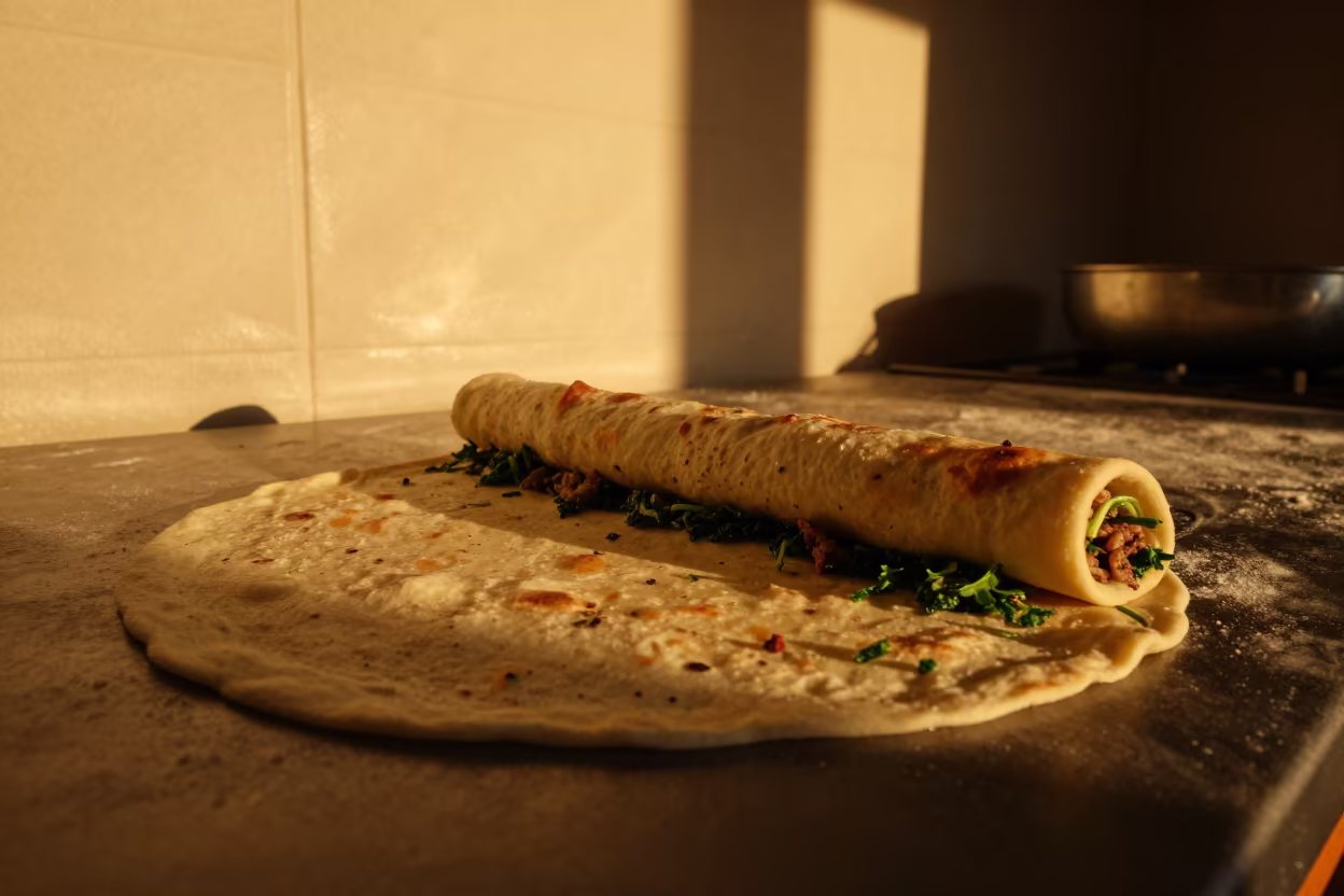 Lahmacun Rolled with Herbs on Kitchen Worktop in on a kitchen worktop in Luanshya
