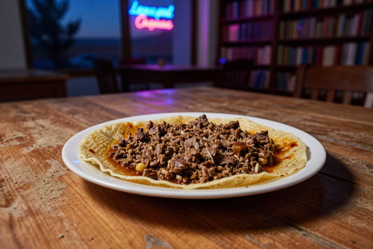 Lahmajun Minced Lamb on Dusty Library Table in on a dusty library table in Urumqi