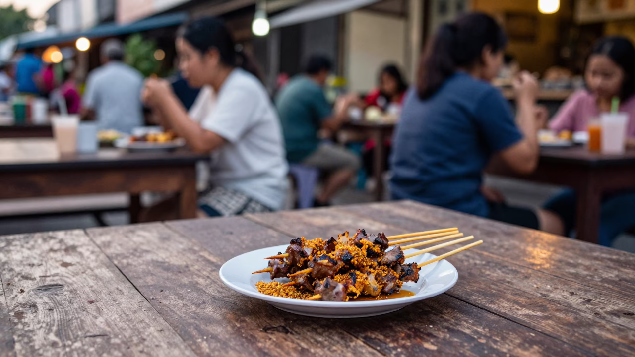 Laid-back evening street food scene in Chiang Mai with grilled meats and condiments in in Chiang Mai, Thailand