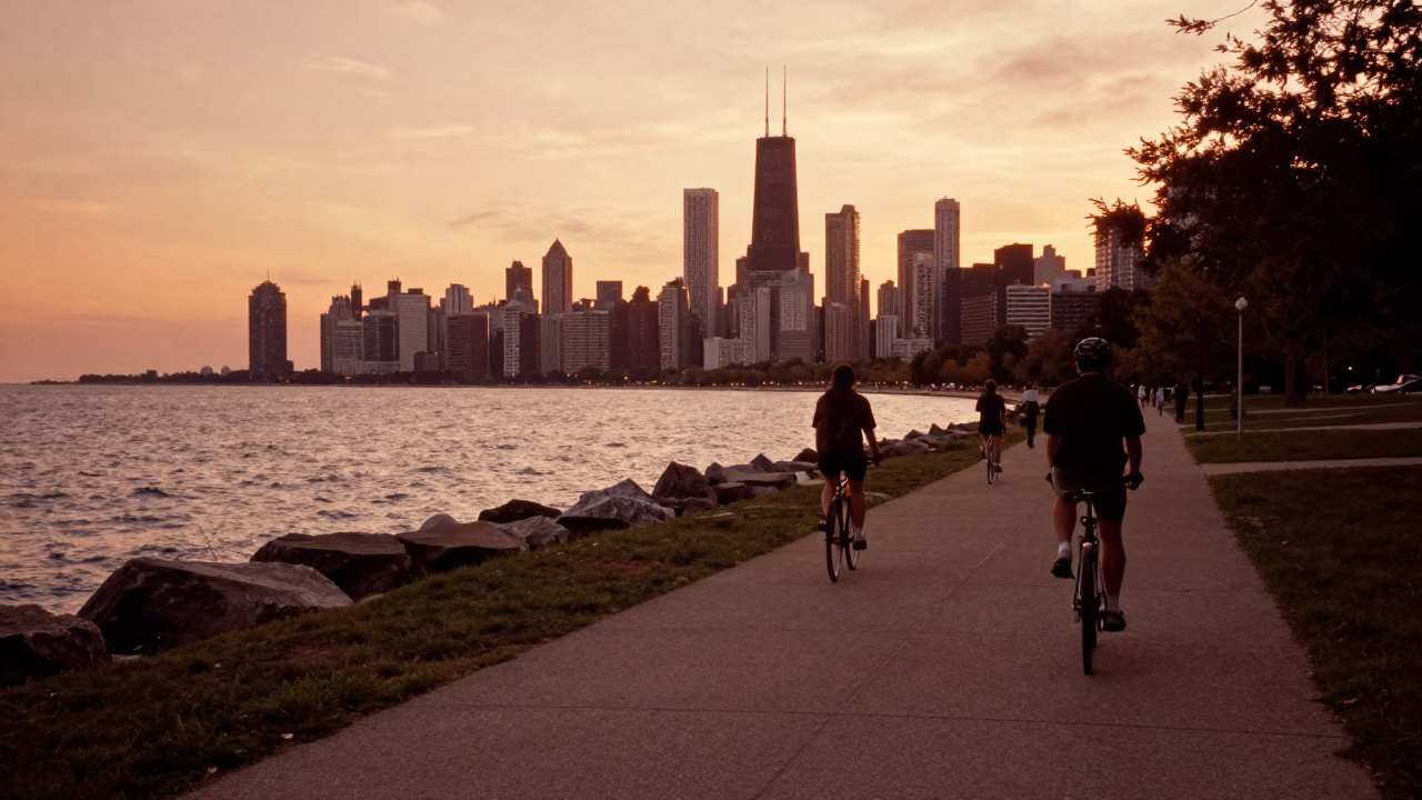Lakefront Path in Chicago at Copper-toned Light Before Dusk in in Chicago, Illinois, United States