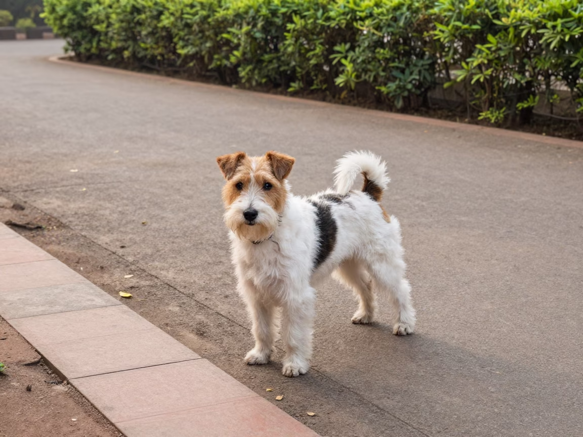 Lakeland Terrier on Garden Path Near Dharavi in near a garden edge with soft morning light and an uncluttered background near Dharavi, Mumbai