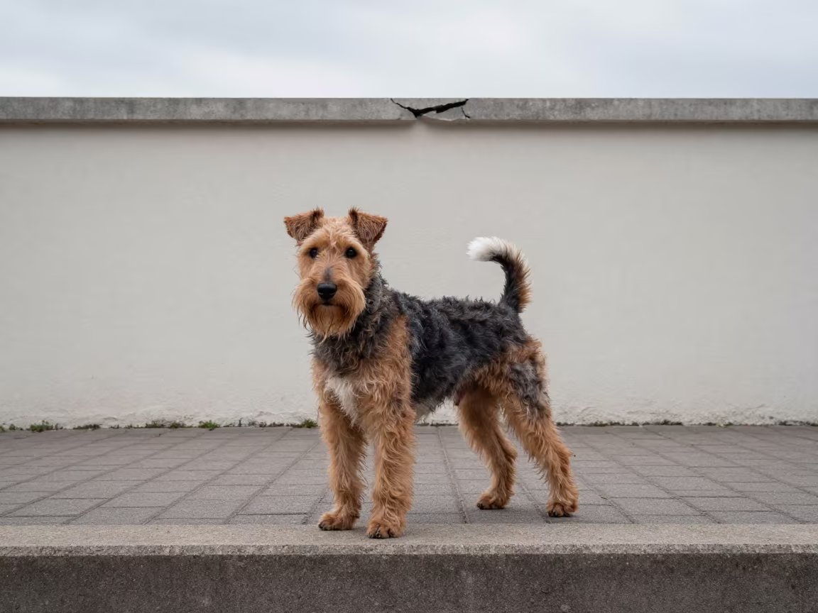 Lakeland Terrier on Park Path Beside Wall in beside a plain courtyard wall in clear daylight with the animal at eye level in Bouskoura