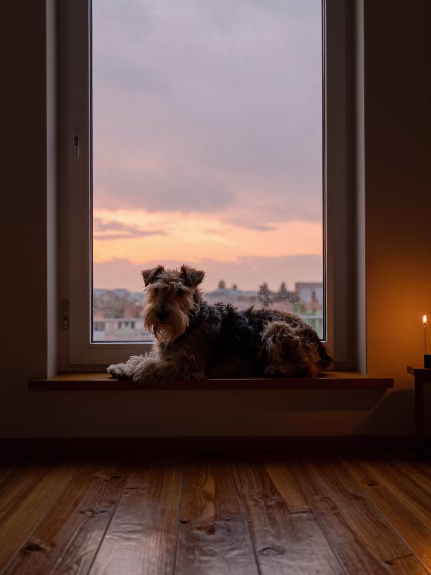 Lakeland Terrier on Window Seat at Sunset in on a window seat in a quiet apartment with soft side light near Mogadishu