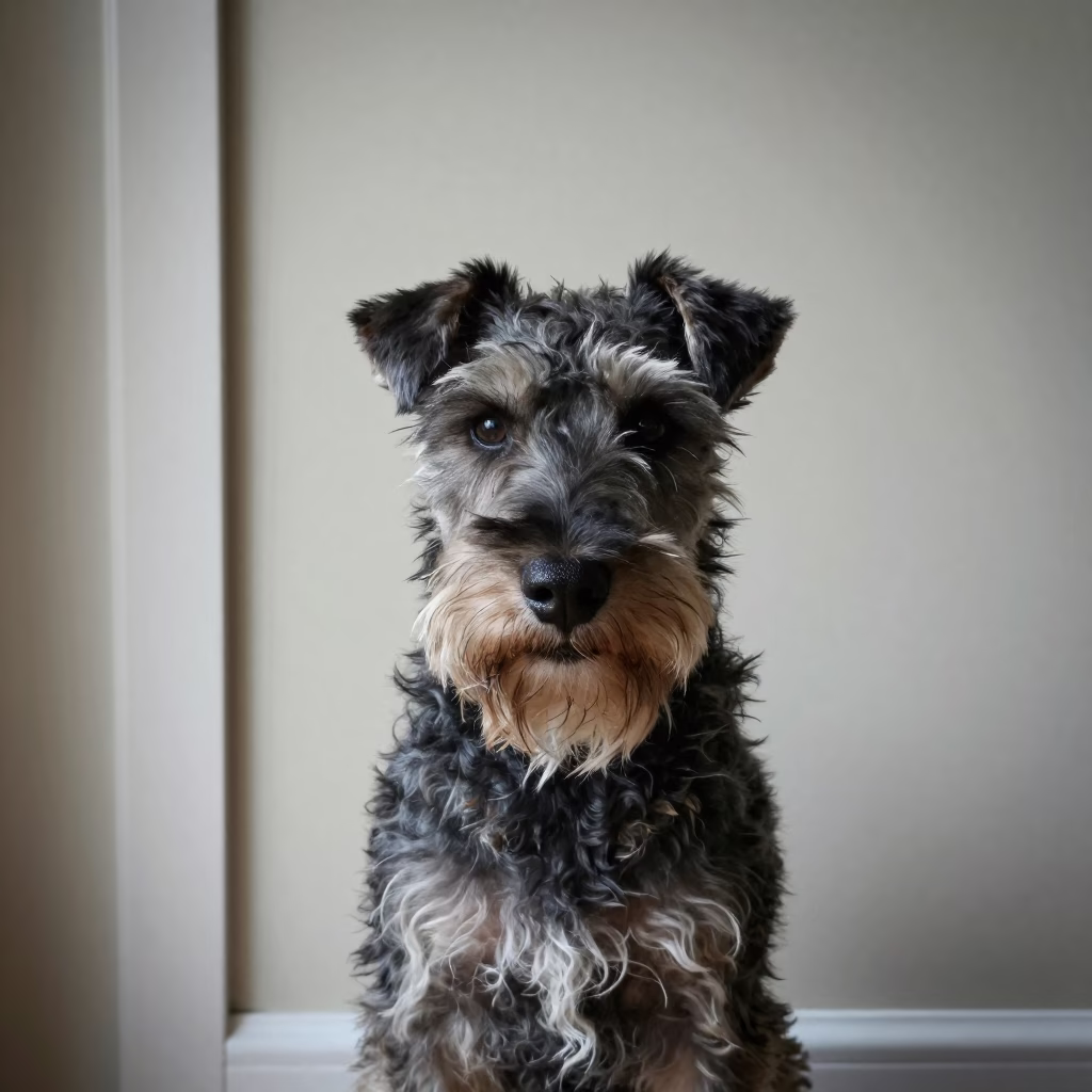 Lakeland Terrier Portrait Beside Plaster Wall in Jammu in beside a plain plaster wall in soft indoor light with the animal centered in frame in Jammu