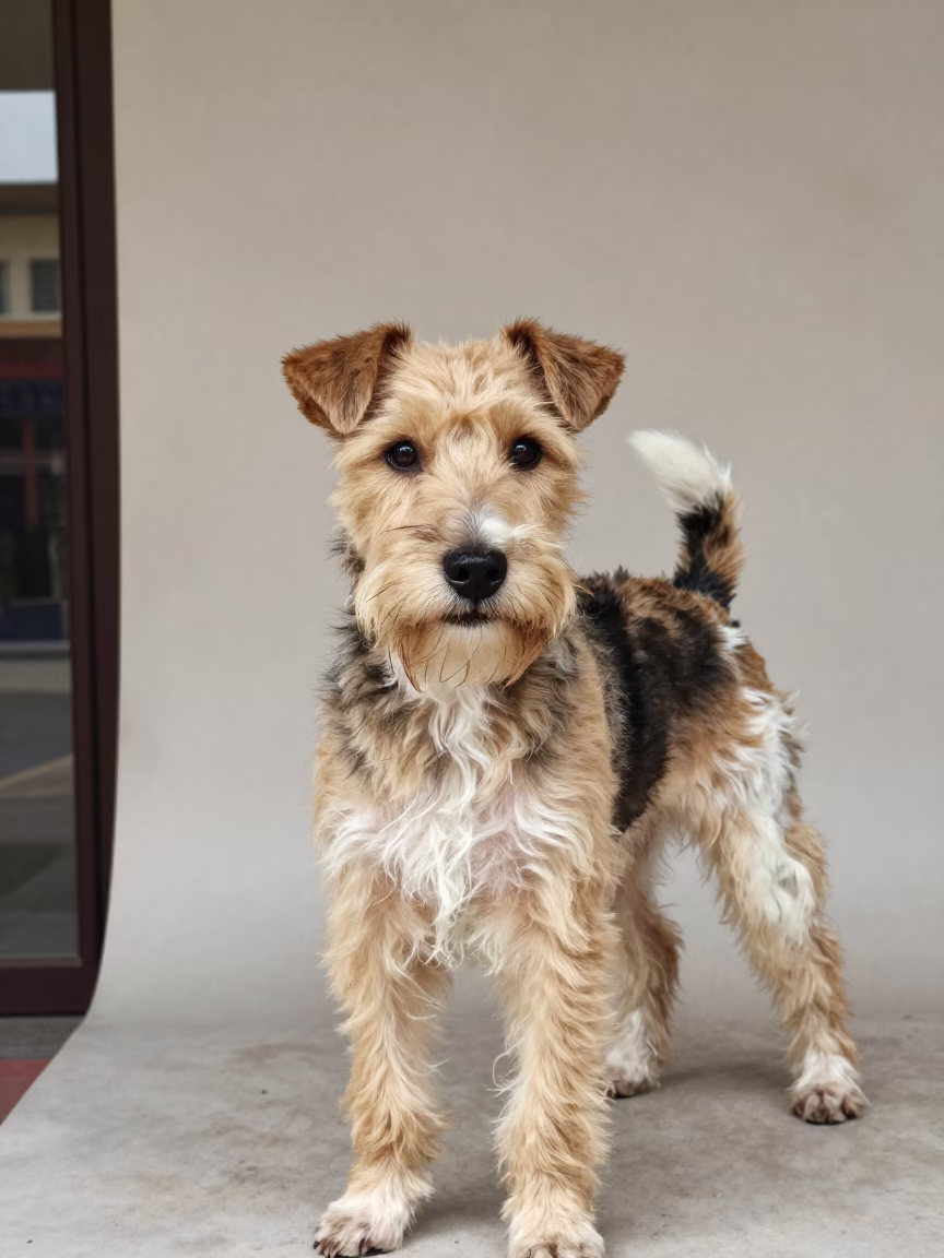 Lakeland Terrier Portrait in Al Hudaydah Studio in in a quiet portrait studio with a plain backdrop and eye-level framing in Al Hudaydah