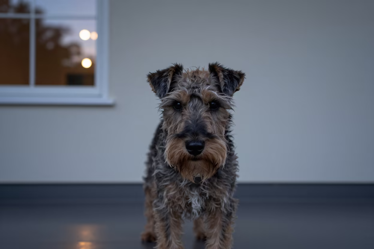 Lakeland Terrier Portrait in Dim Valparaiso Light in beside a plain plaster wall in soft indoor light with the animal centered in frame in Valparaiso